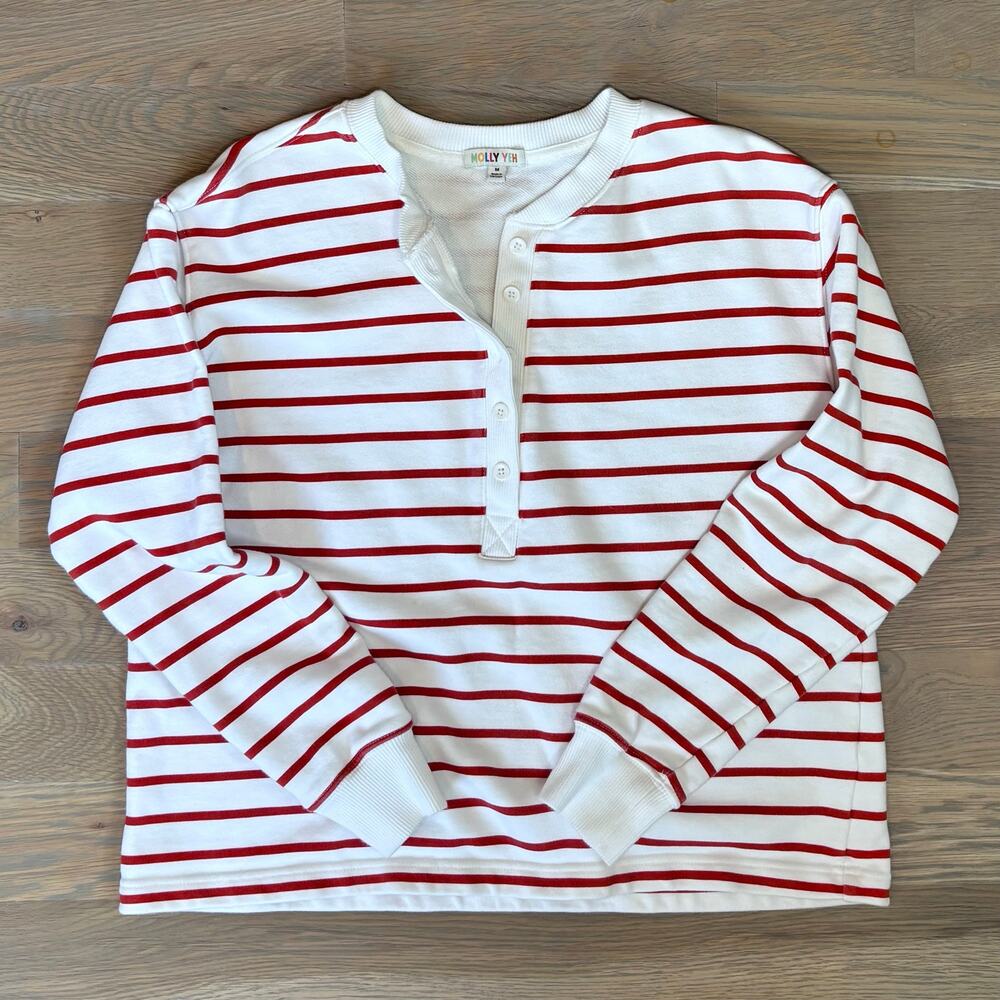 Molly Yeh French Terry Henley Sweatshirt Cotton Red Stripe Womens Size Medium